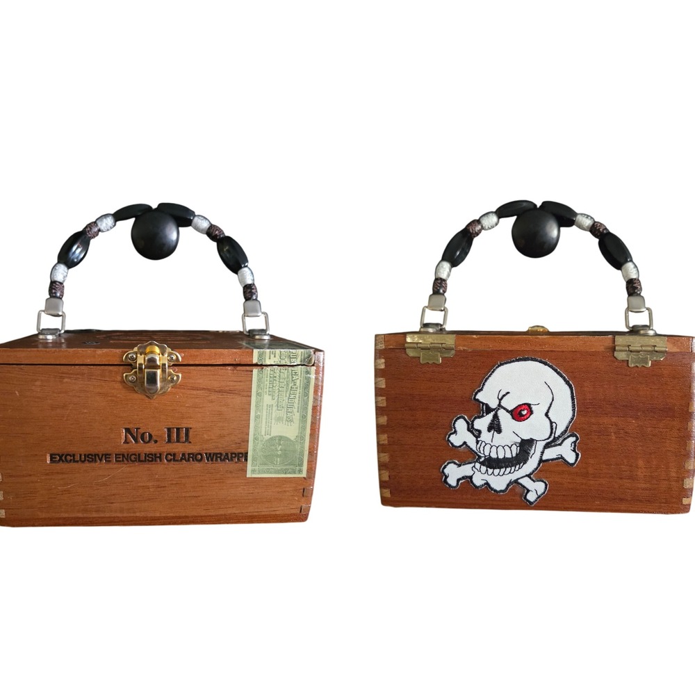 Cigar‎ Box Purse Upcycled Novelty Bag Skull Beaded Handle Unique